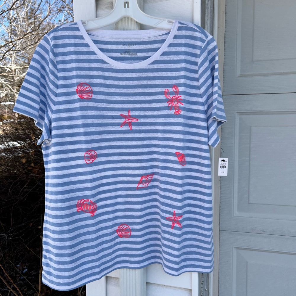NWT Talbots Fun Blue White Stripe Embroidered Pink Shells Short Sleeve Top